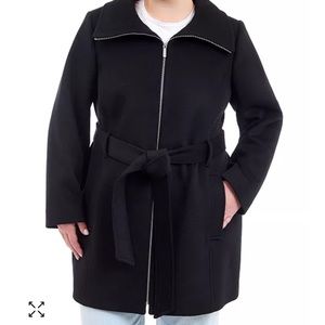Black Trench Coat with Belted Waist and Stand-Up Collar